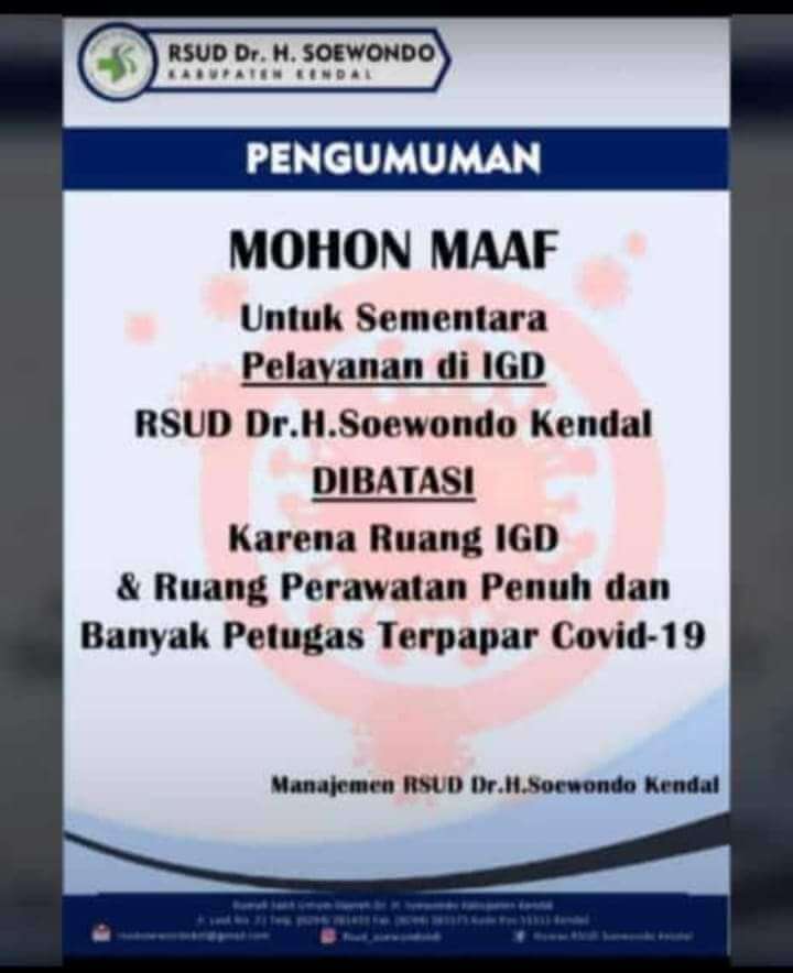 72 Tenaga Medis Positif Covid-19,  RSUD dr H Seowondo,  Berlakukan Sistem Buka-Tutup