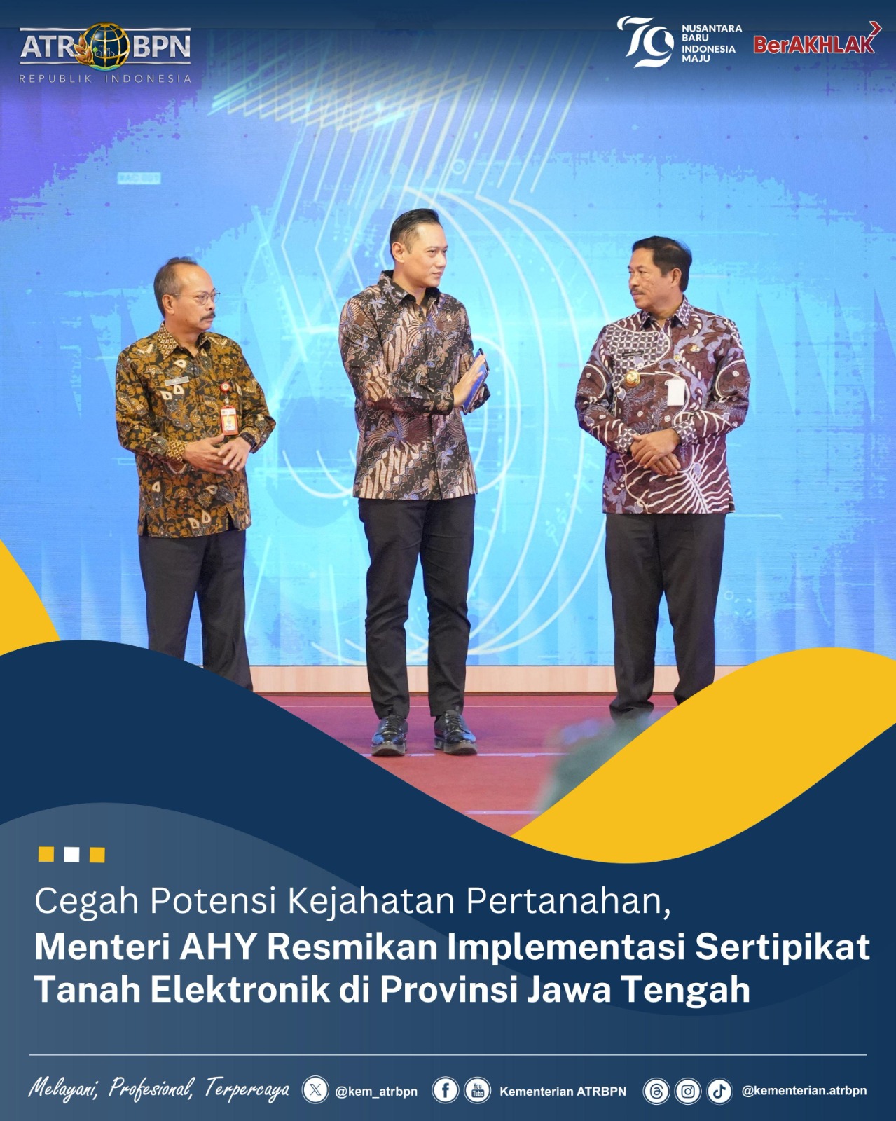 Cegah Potensi Kejahatan Pertanahan, Menteri AHY Resmikan Implementasi Sertipikat Tanah Elektronik di Provinsi Jawa Tengah